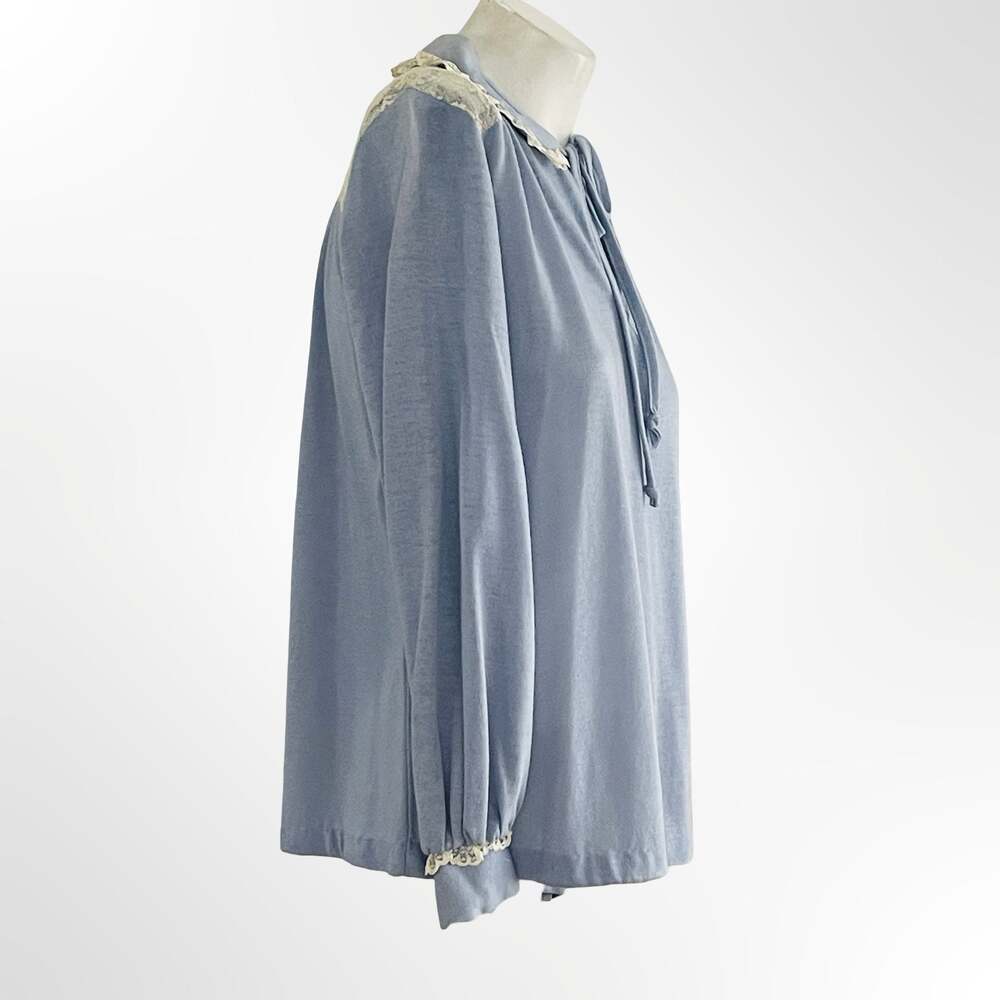 Red Pepper Vintage Blue Knit Blouse with Lace Collar and Tie - Picture 3 of 8